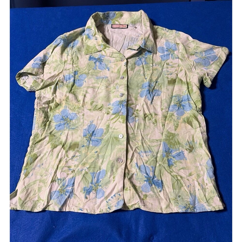 Jamaica Bay Silk Rayon Blue Floral Button Front Blouse Top Women’s L
